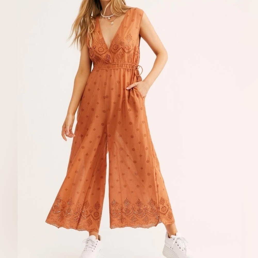 FP Intimately Jumpsuit XS Sun's Out Eyelet Crop Cotton Wide Leg Boho Vacay